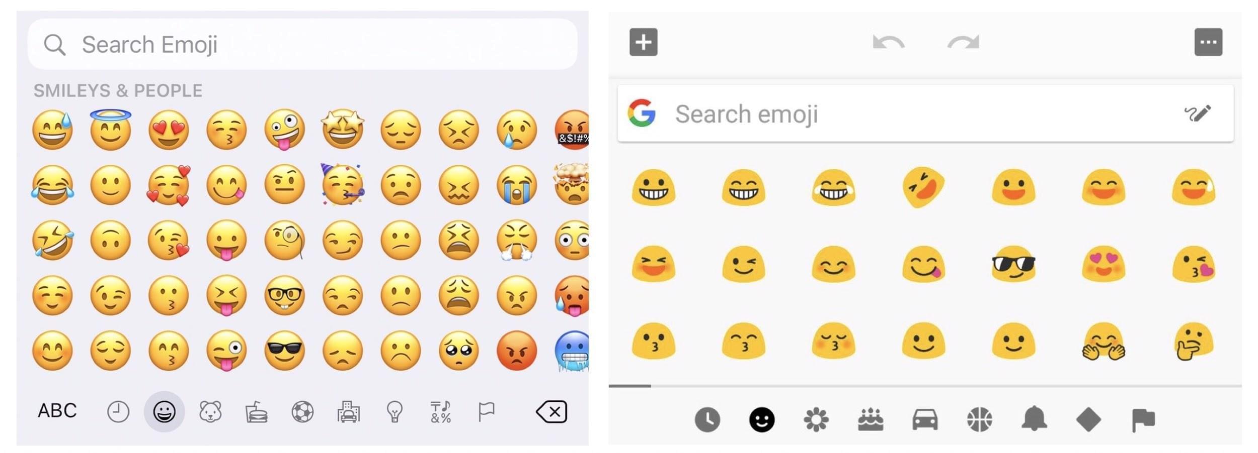 Tính năng tìm kiếm Emoji ở iOS 14 (trái) và Android (phải)