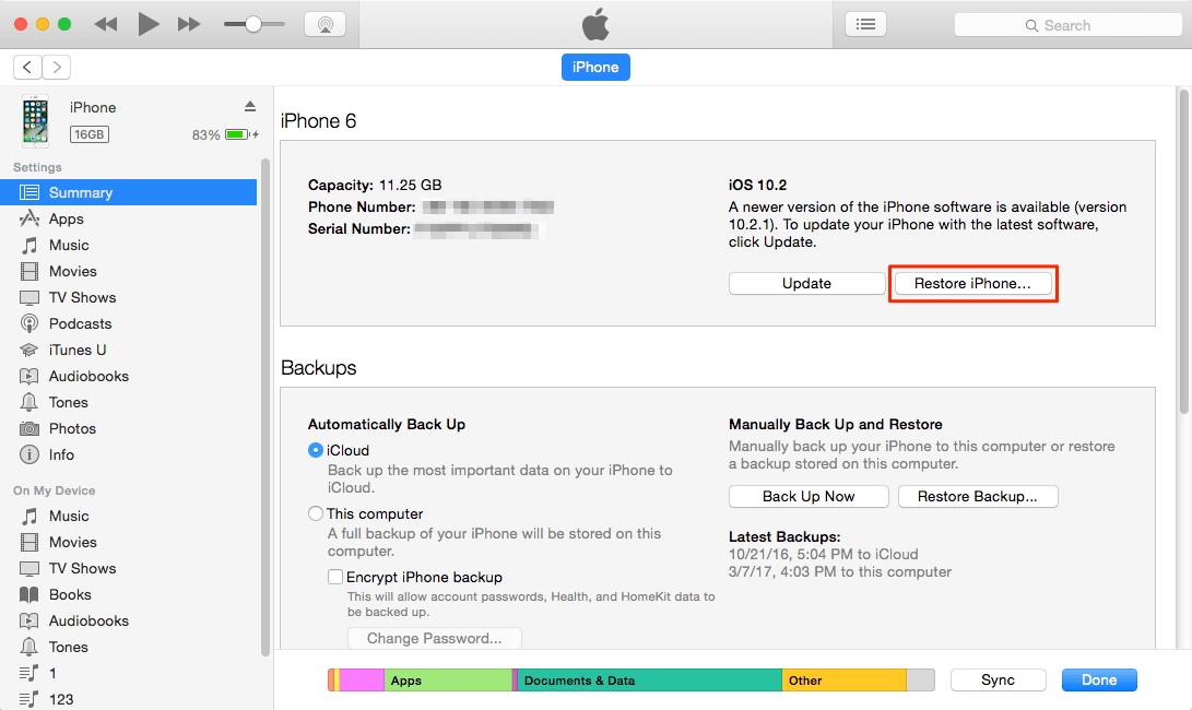 Khôi phục cài đặt gốc thông qua iTunes