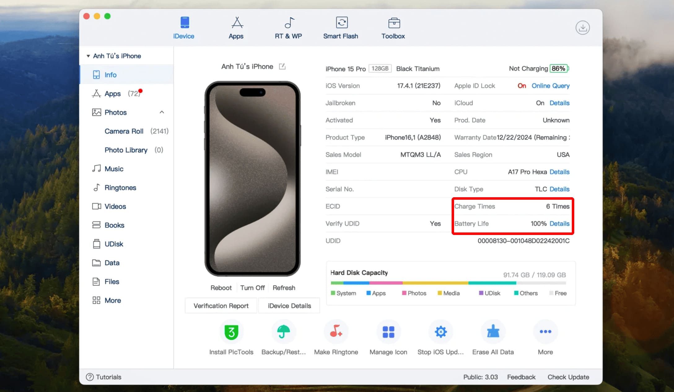 Giao diện kết nối iPhone với 3utools