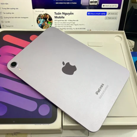 iPad mini 7 Tím 128GB mặt lưng đặt trên hộp fullbox