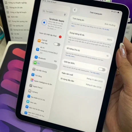 iPad mini 7 tình trạng pin 100% 10 chu kỳ sạc