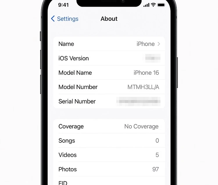 kiểm tra mã iphone mỹ ll/a trong cài đặt