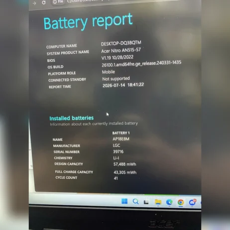 Laptop Acer Nitro AN515-57 tình trạng pin battery report