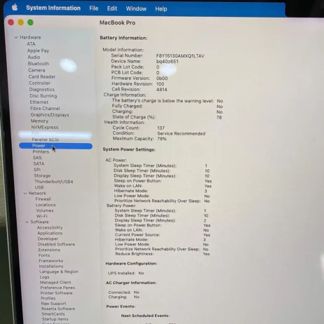 MacBook Pro 14 2021 tình trạng pin 79 phần trăm 137 chu kỳ